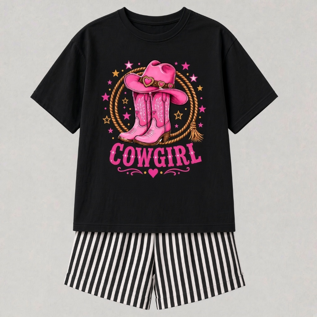 Conjunto Infantil Feminino Cowgirl Camiseta + Short Moda Verão T-shirt Estampada e Short Listrado Modinha Algodão
