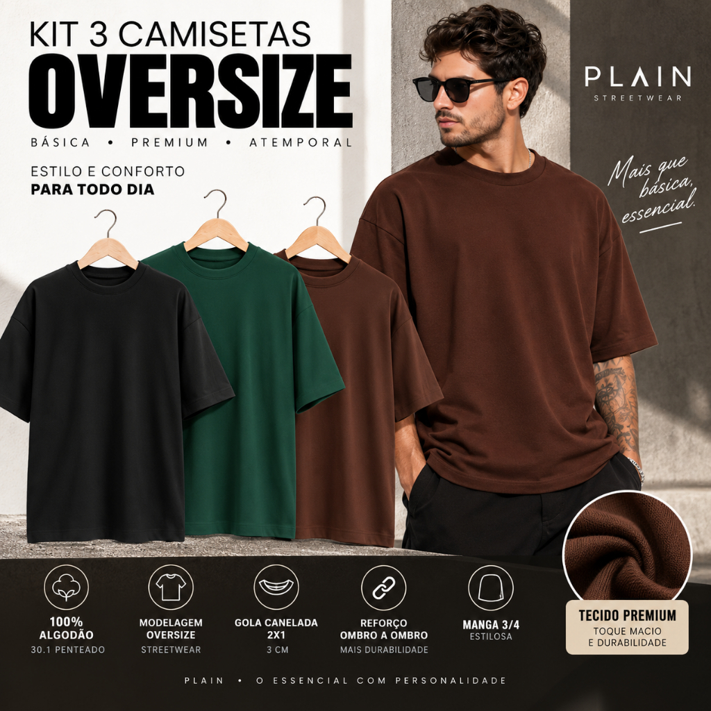 Kit 3 Camisetas Oversized Masculina 100% Algodão Premium Streetwear Manga 3/4 Gola Canelada Básica