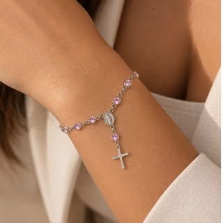 Pulseira Terço com Zircônia Rosas Prata 925