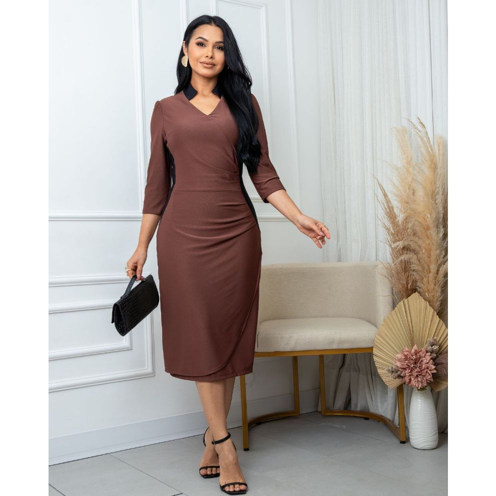 Vestido Feminino Midi Manga 3/4 Modelagem Ajustada Tecido Malha Mousse Elegante e Sofisticado Evangélica