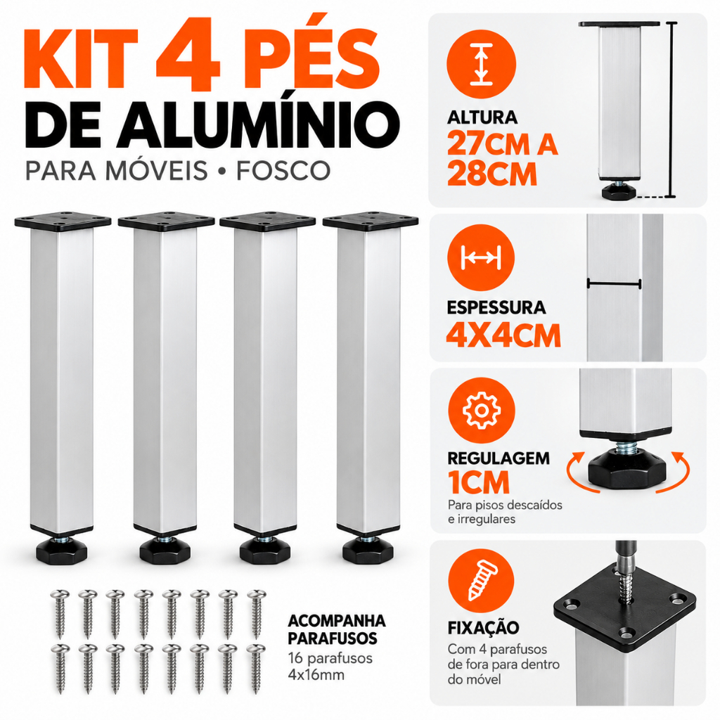 Kit 4 Pé Alumínio 27cm Fosco Cozinha Móveis 40x40 Regulável
