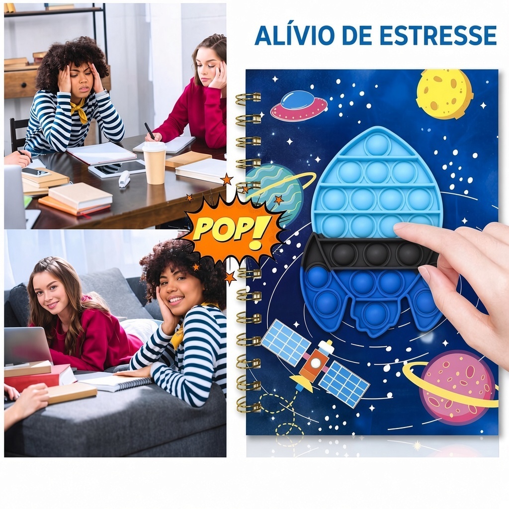 Caderno Pop It Fidget A5 Espiral Silicone Anti Stress 80 Folhas Material Escolar Sensorial Crianças