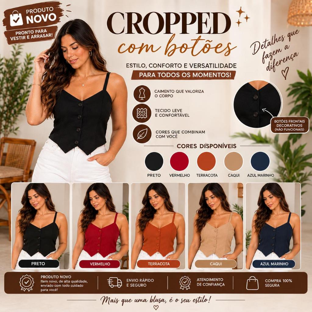 Cropped Feminino Alfaiataria Alça Fina Botões Decorativos Elegante Casual