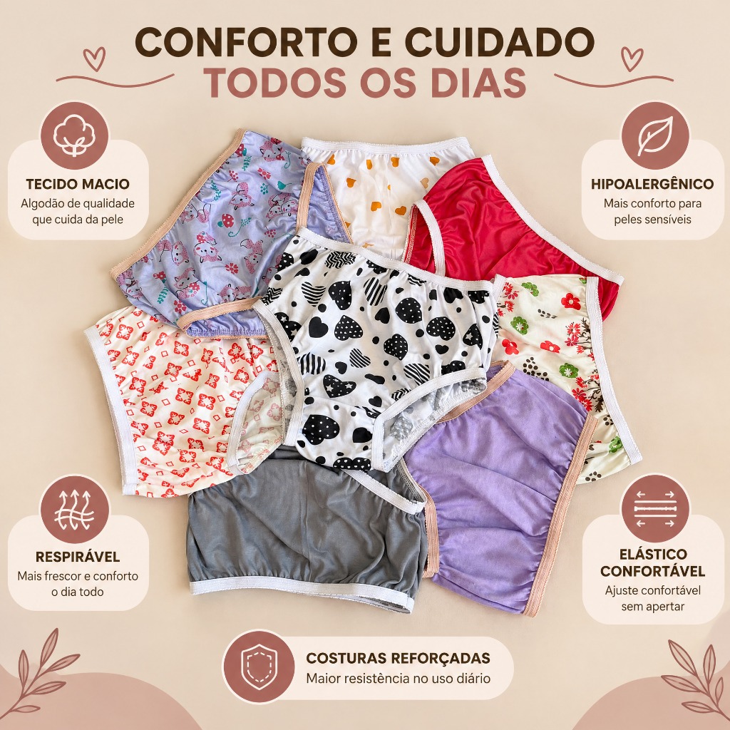 Kit Calcinha Infantil Malha PV Suave e Confortável (3 ou 6 Peças) – Do RN ao G Infantil Estampas Sortidas
