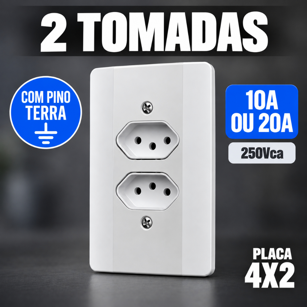 Conjunto 2 Tomadas 10A ou 20A Mectronic Millenium com Placa 4x2 Embutir