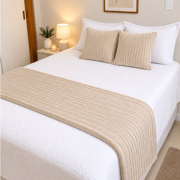 Kit Peseira 3 Peças para Cama Casal Queen King Colcha Decorativa Quarto Luxo Off White