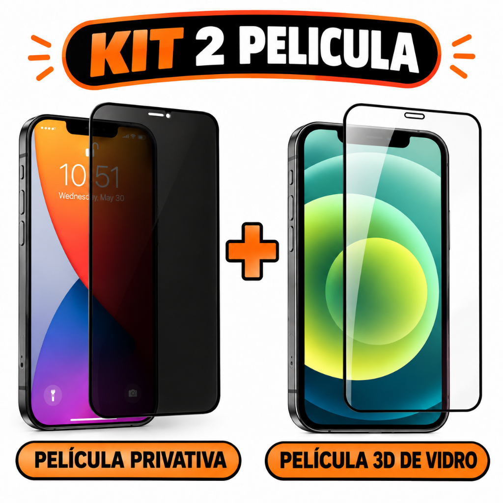 Kit 2 Películas Para iPhone Privativa + 3D 9H Vidro Temperado Protetor De Tela Modelo XS XR 11 12 13 14 15 16 17 Pro Max