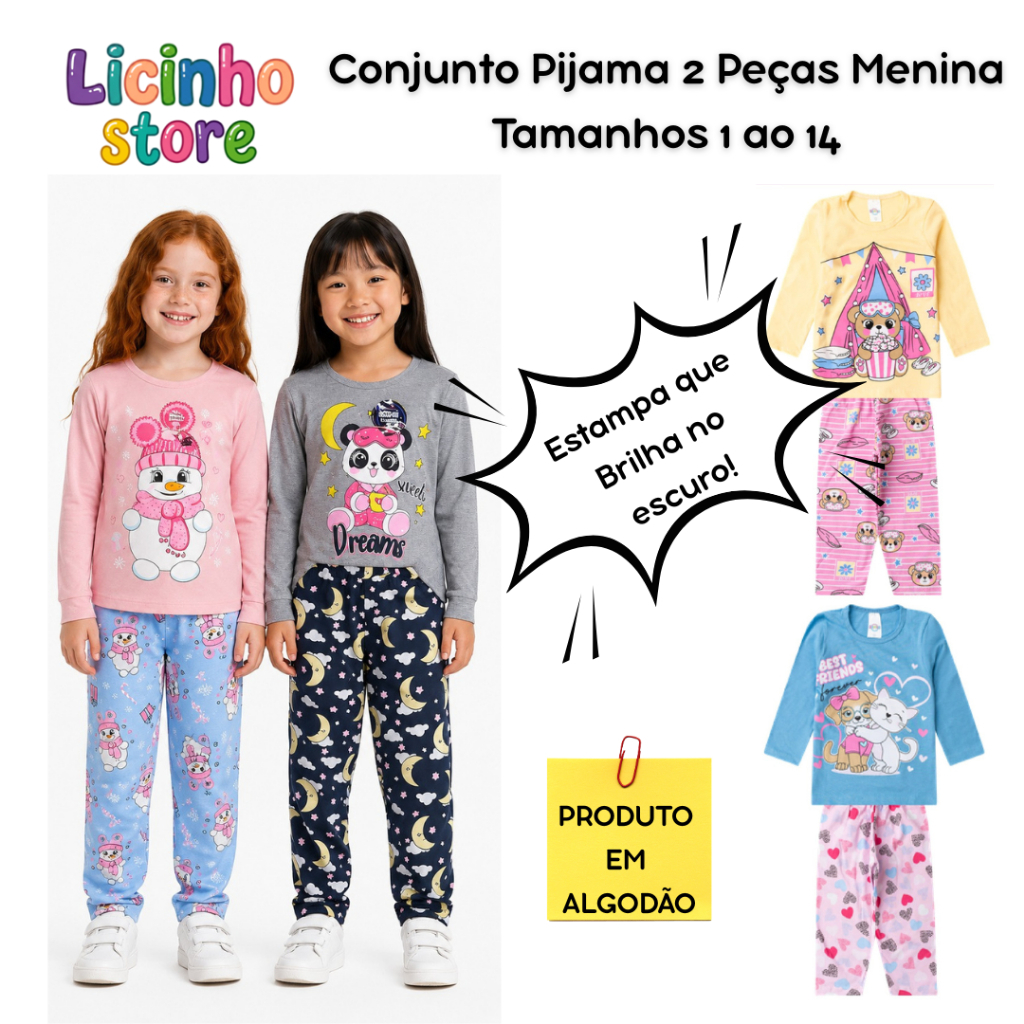 Pijama Infantil Menina - 2 Peças- Inverno - Tam.1 ao 14 - 1 Conjunto =1 Camiseta+1 Calça - Sortido