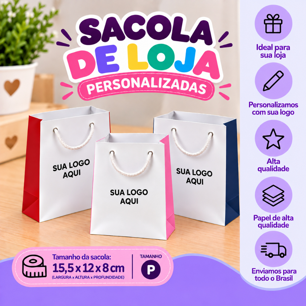 Sacola Personalizada com Logo para Loja P 15,5x12x8 cm Embalagem Personalizada