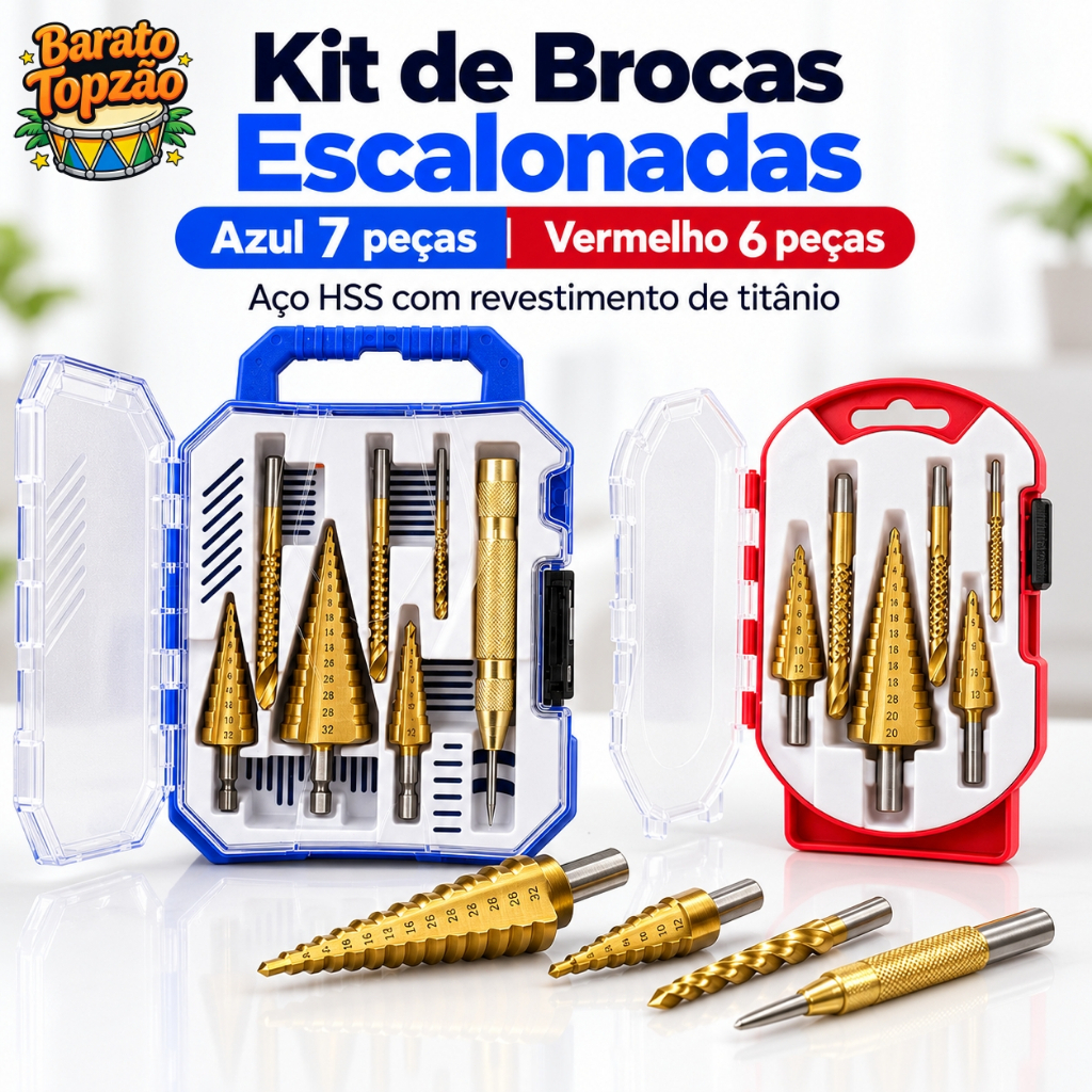 Kit 7 Brocas Escalonadas Titanio HSS com Puncao Automatico e Estojo Metal Aluminio Cobre - Envio Imediato