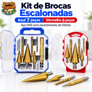 Kit 7 Brocas Escalonadas Titanio HSS com Puncao Automatico e Estojo Metal Aluminio Cobre - Envio Imediato