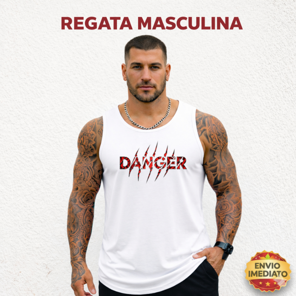 Camiseta Regata Masculina Danger Cavada Fitness Academia Musculação Treino Esportiva Confortável