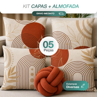 Kit 4 Capas de Almofada 43x43 Estampadas + Almofada Nó Decorativa
