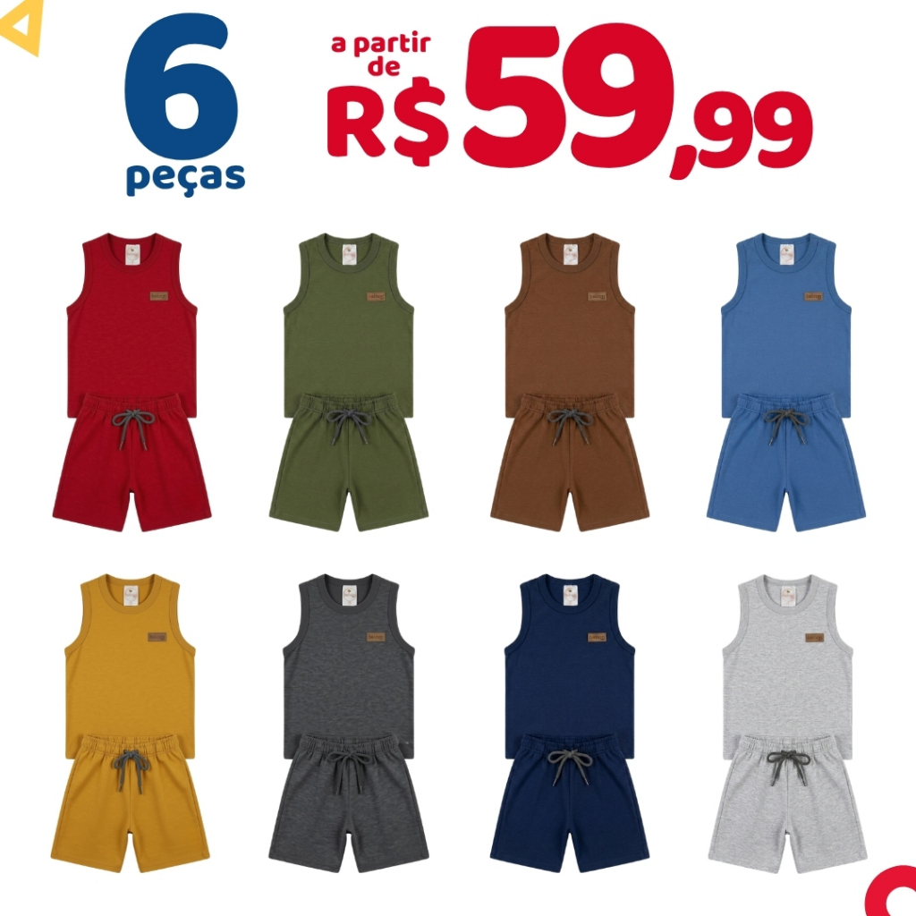 Kit Monocromático 6 Peças Básicas Menino Regata Infantil Conjunto Verão