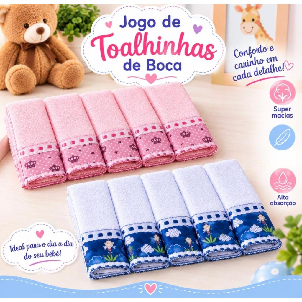 Kit Higiene com 10 Toalhinhas de Boca Tecido Felpudo Extra Macio para Meninas e Meninos Bebê