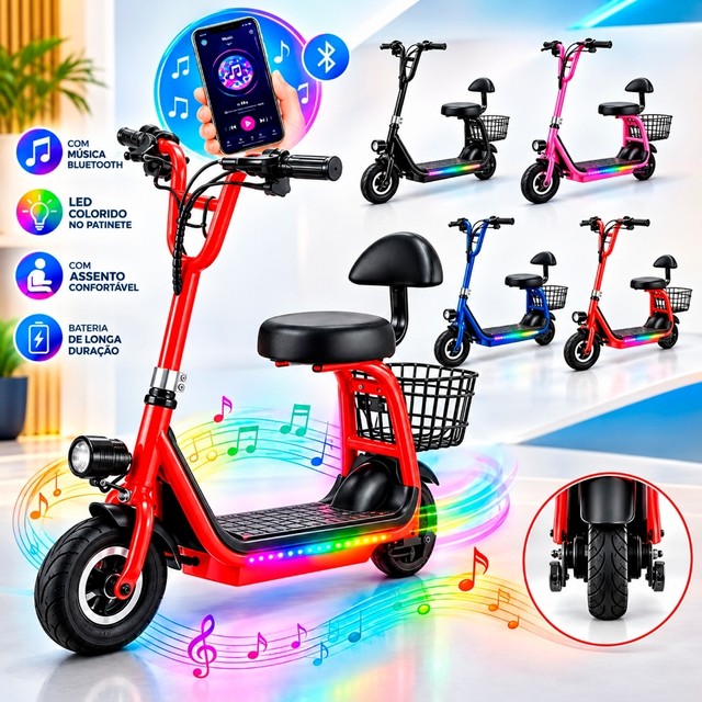 Patinete Elétrico Motorizado Scooter Infantil Com Assento 350W 80Kg Autonomia 12Km