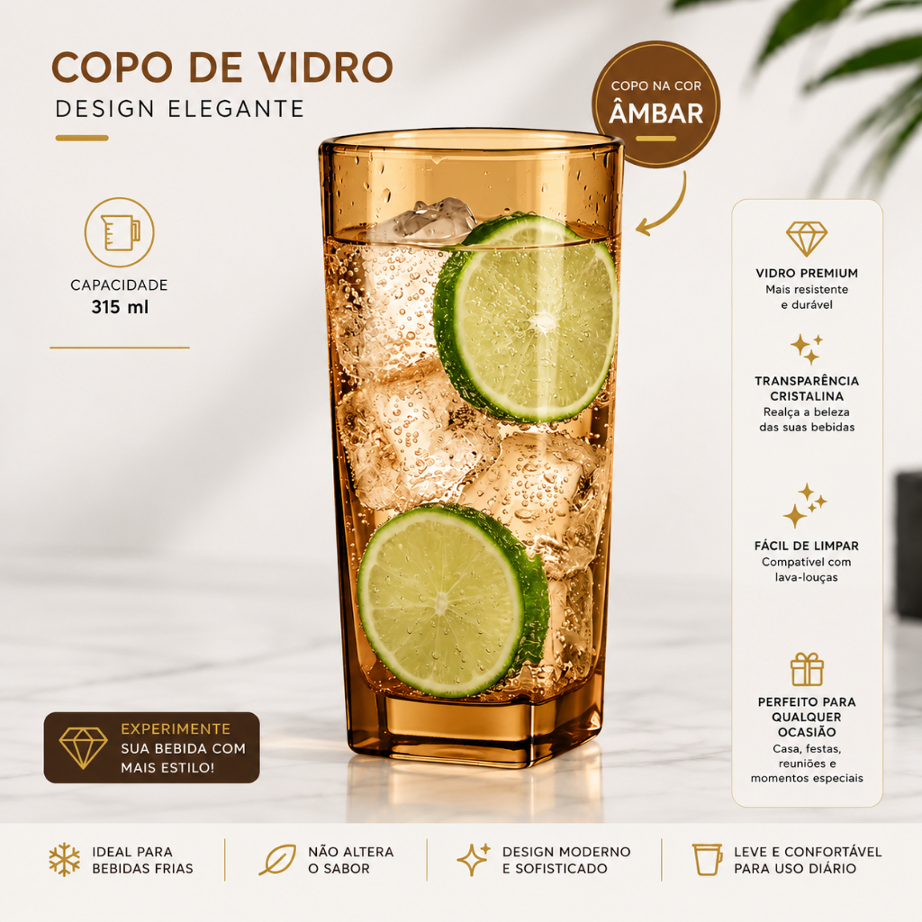 Jogo de Copo Vidro Degrade Ambar Texas 320ml Alto Padrão Fume Preto Copos Quadrado 3 a 6 Unidades · foto 2