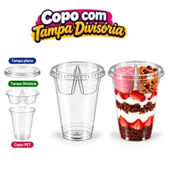 Kit 25 Copos Com Tampa Divisória (250, 300, 400, 500, 600ml) Açaí, Sorvetes, Delivery