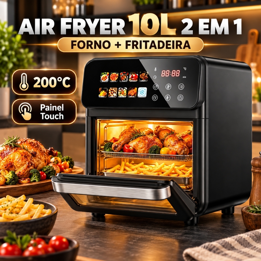 127V 220V Air Fryer Forno Elétrica 10L 2 em 1 Sem Óleo Fritadeira e Multifuncional com Painel Touch, 10 Modos