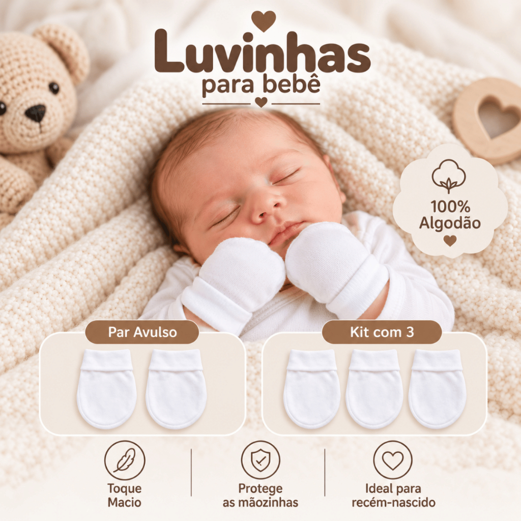 Luva para Bebê Suedine 100% Algodão Antialérgico Par Avulso ou Kit 3 Pares Proteção e Conforto Recém Nascido