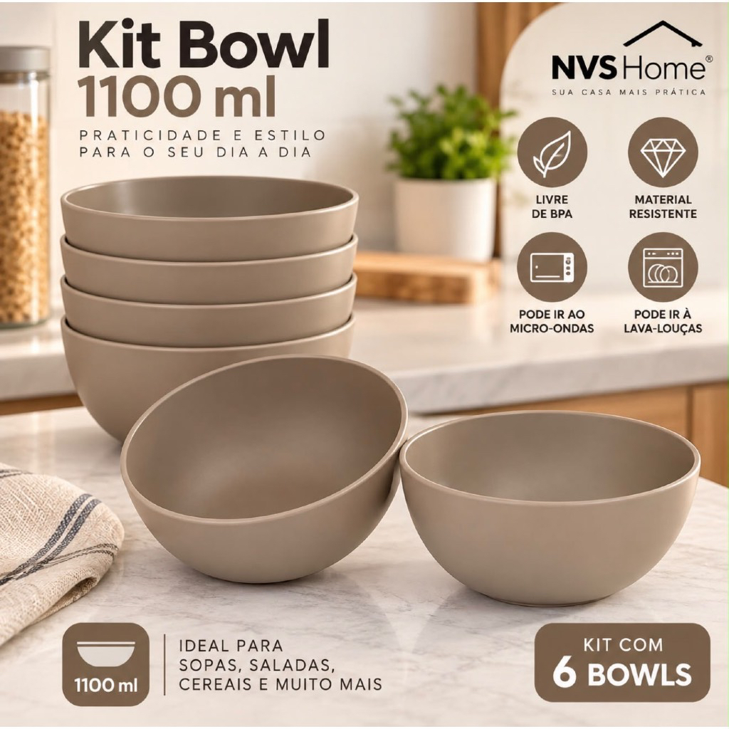 Imagem Kit 6 Cumbucas Bowl Plástico 1100 ML - BPA FREE - Resistente Microondas Lava-Louças Reutilizável