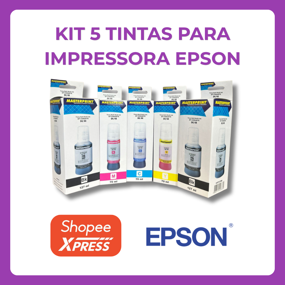 Kit 5 Tintas MasterPrint EP Compatível com L3250 L3150 L3210 L3110 | 2 PRETO | CIANO | MAGENTA | AMARELO