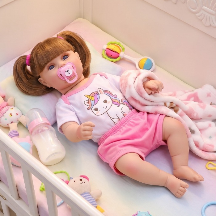 Boneca Bebê Reborn Original Unicórnio Menina Realista de Silicone Pode Dar Banho Com Bolsa Maternidade