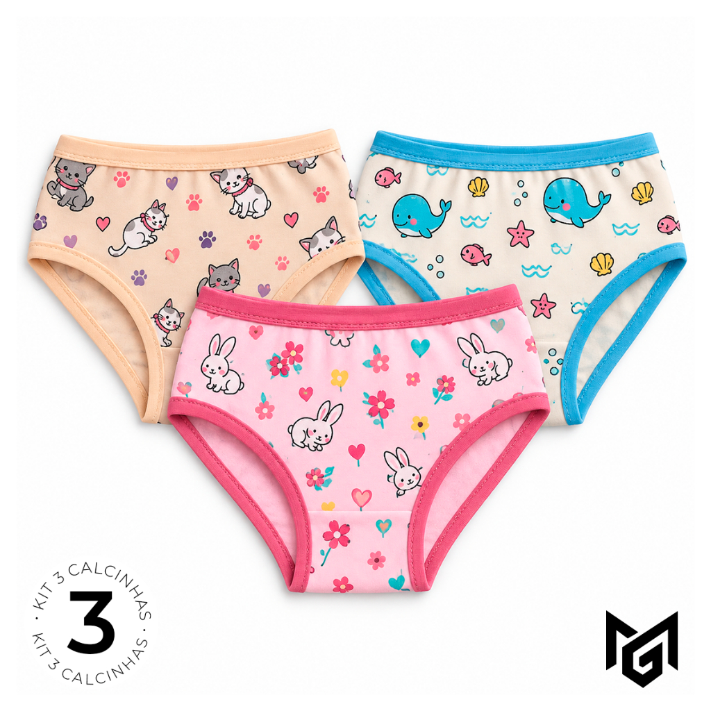 Kit 3 Calcinhas Tanga Infantil Feminina Menina Juvenil Algodão Confortável Estampas Sortidas