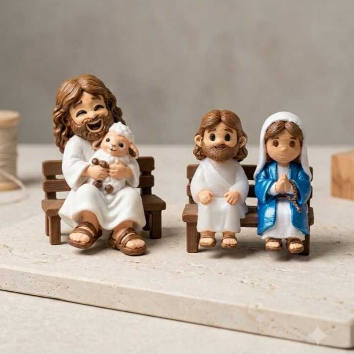 Boneco Jesus Com Cordeiro No Banco 6cm / Mini Jesus E Maria Sentados No Banco 4cm - Decoração - Lembrancinhas