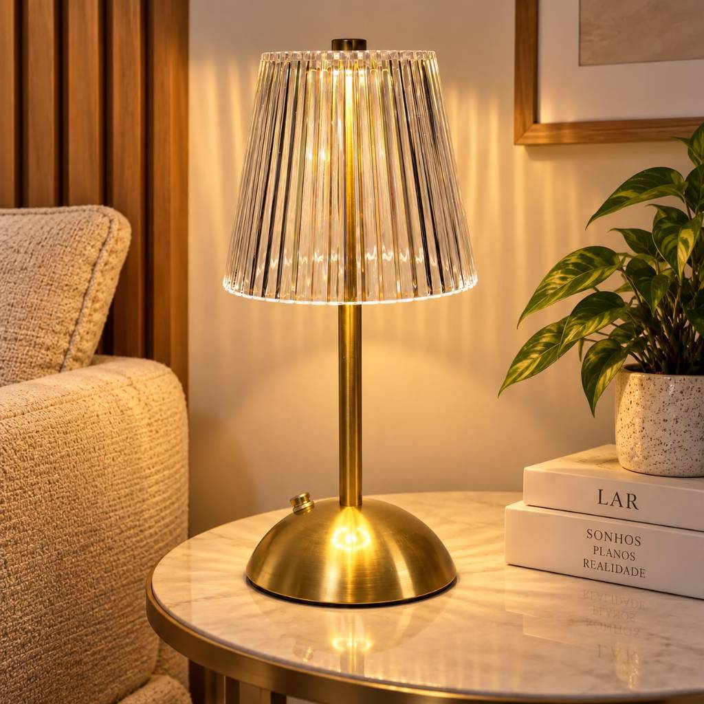 Luminária de Mesa Abajur Retro Dourada Com Barra Led Sensor 3 Temperaturas de Cores USB Recarregavél