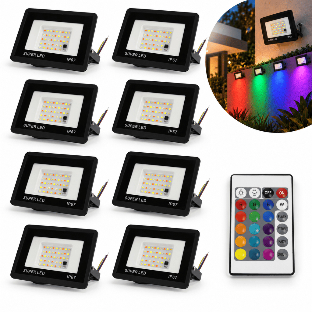 Kit 2 a 8 Refletor LED 200W Colorido RGB IP66 Holofote À Prova d'Água Bivolt Com Controle Remoto 