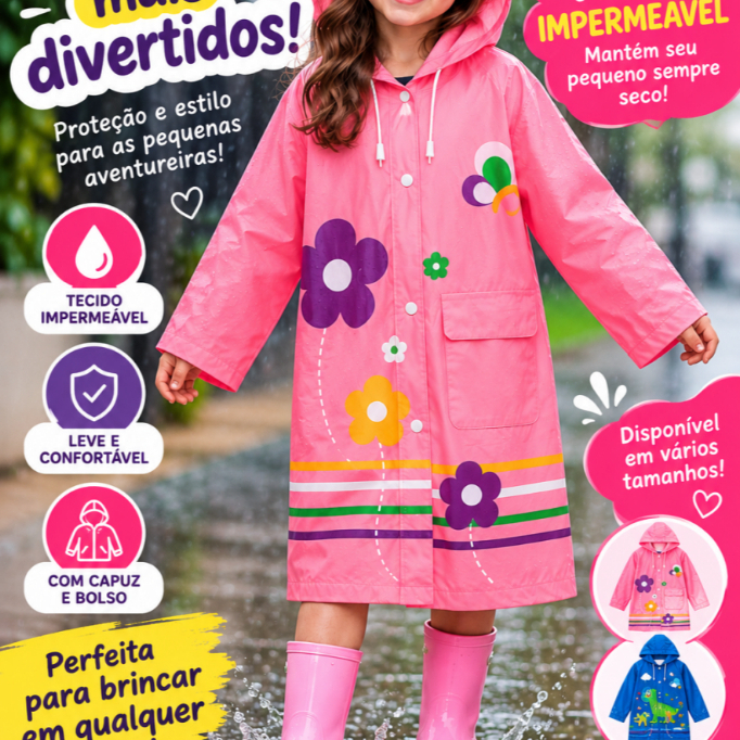 Capa De Chuva PVC Infantil Impermeável Menina P M G Flores
