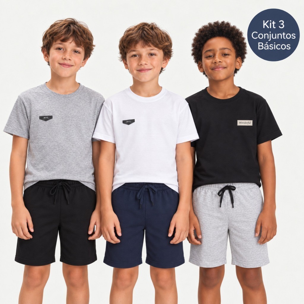 Kit 3 Conjuntos de Roupa Infantil Menino Conjunto Verão Camiseta Algodão + Bermuda moletinho