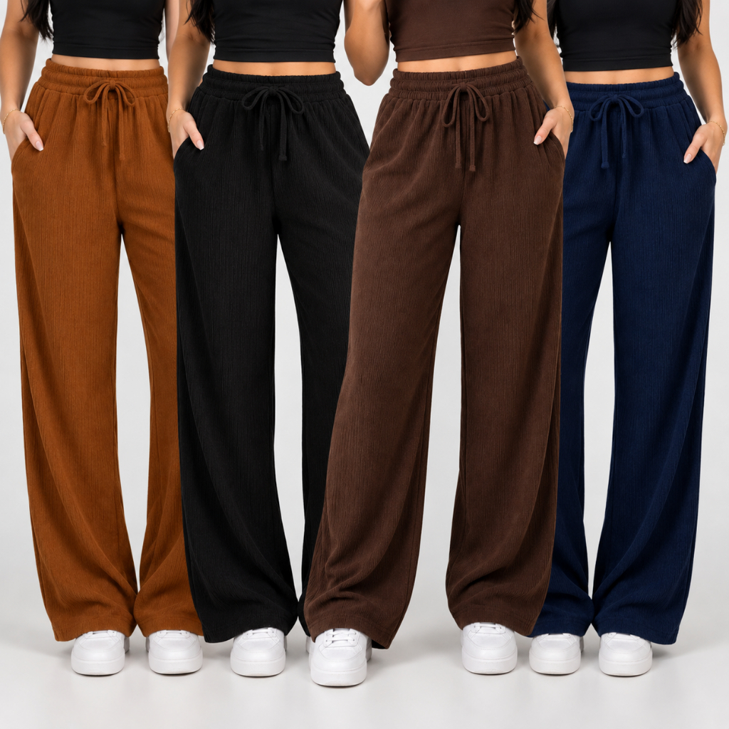 Calça Pantalona Feminina Cintura Alta Elegante Wide Leg Canelada Casual Confortável Para Mulheres Estilosa Com Bolso