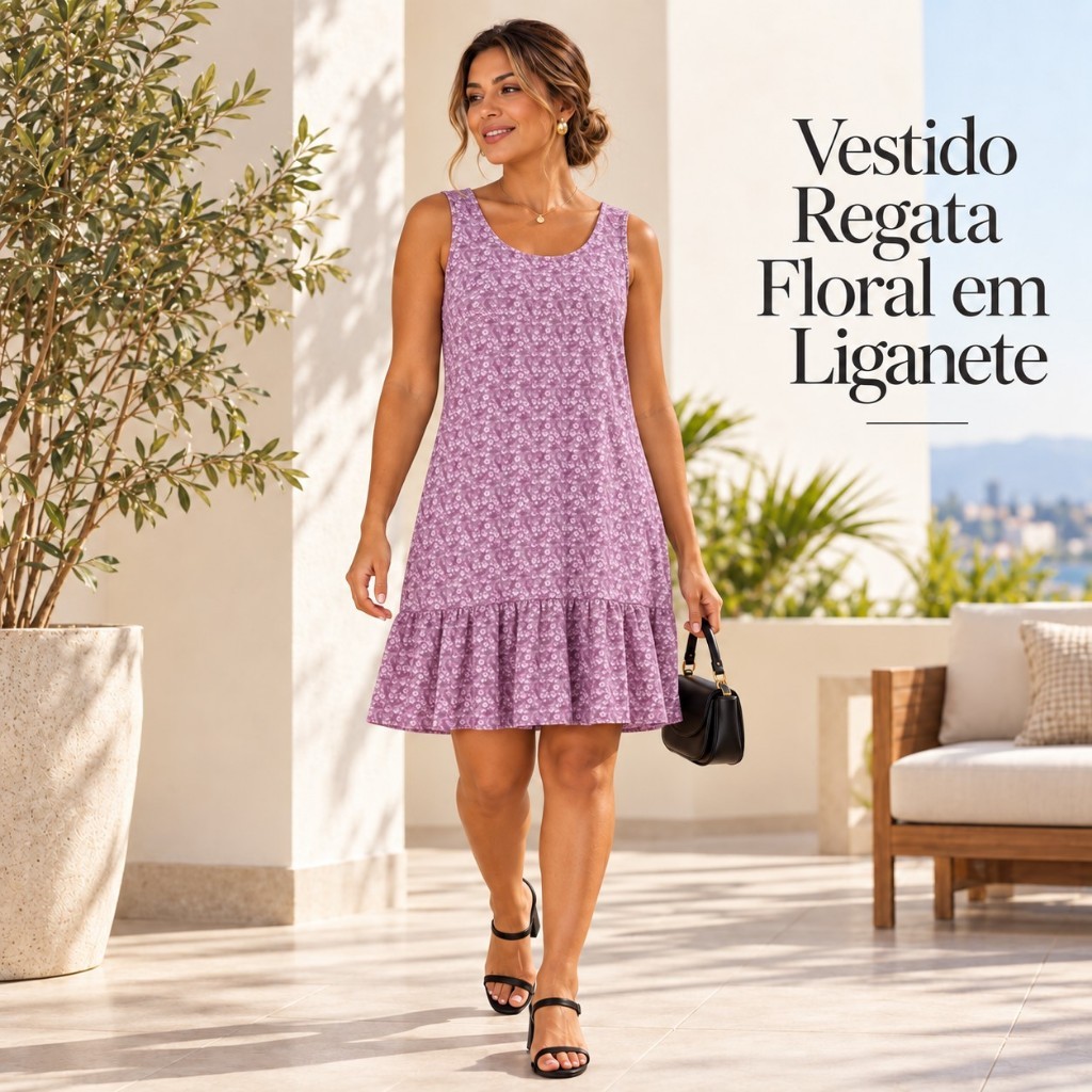 Vestido Regata Soltinho Com Babado Estampado Floral Casual Confortável Dia A Dia