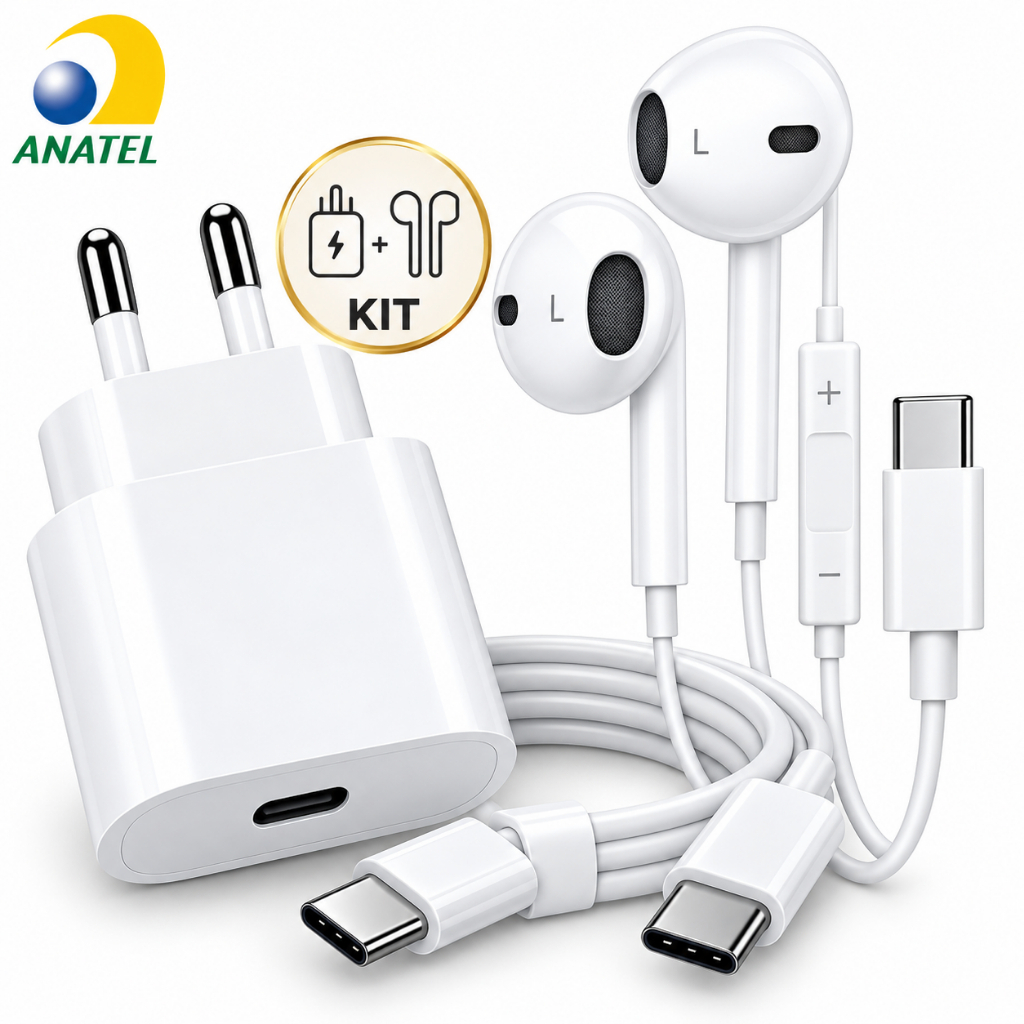 KIT Carregador iPhone Tipo C + Fone Tipo C iPhone 15 Pro Max iPhone 17 Pro Max iPhone 18 Pro Max Carregador iPhone turbo