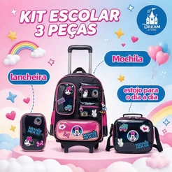 Kit Minnie Mochila Lancheira Estojo Escolar Rodinha Infantil Feminina Disney