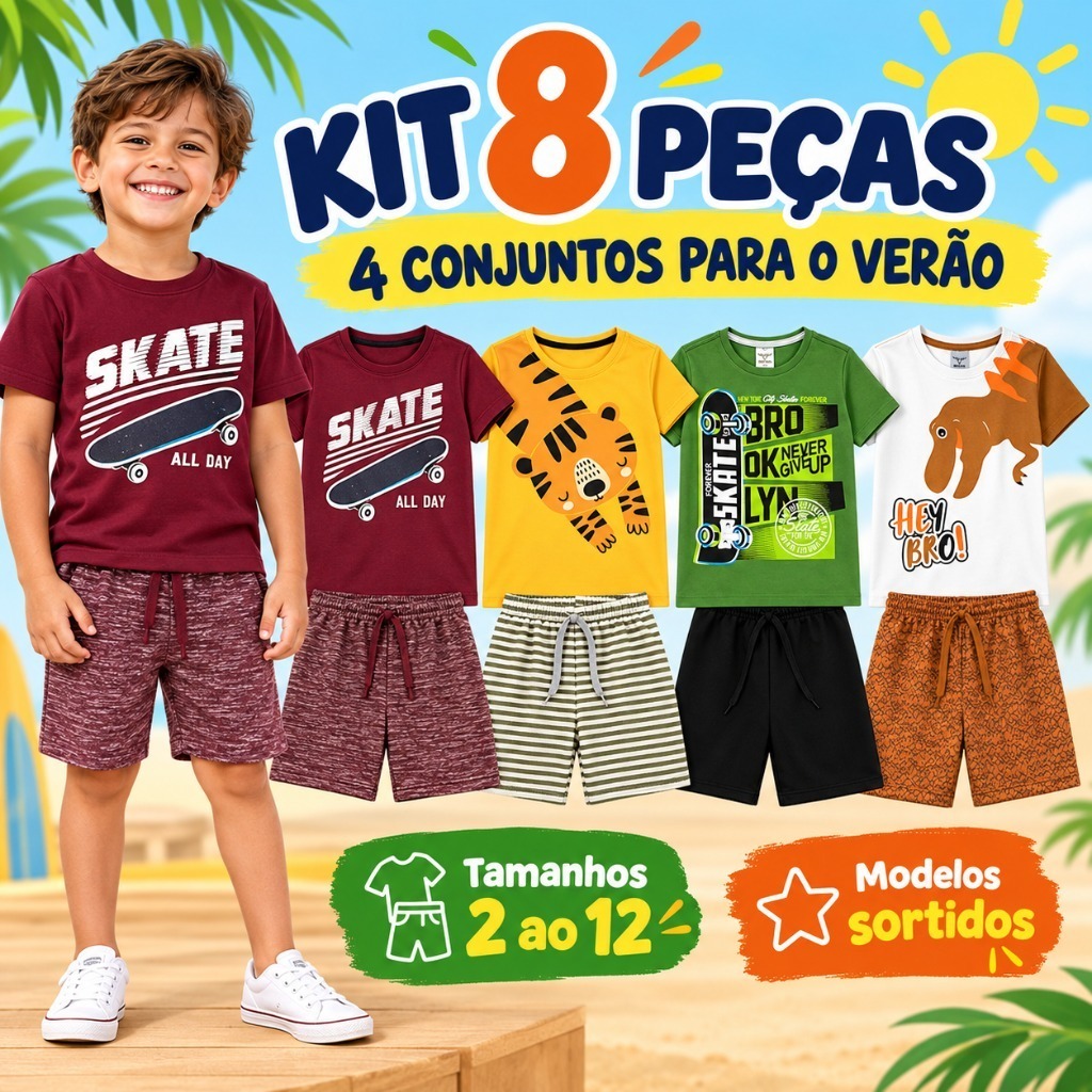 Kit Sortido 8 Peças de Roupas Infantil Menino 4 Camisetas + 4 Bermudas - Kit com 4 Conjuntos de Roupa Infantil Verão