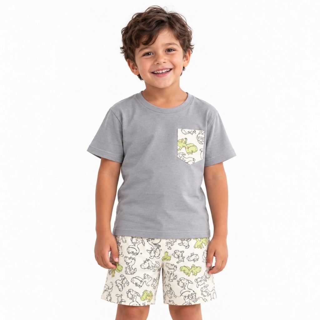 Conjunto Infantil Masculino Estampa Dino Blusa + Bermuda em Algodão Roupa Infantil Menino