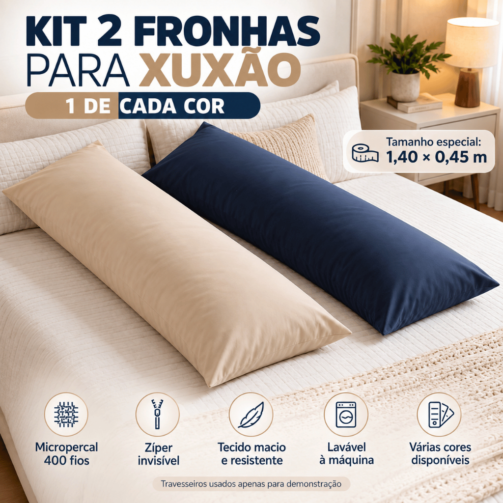Kit 2 Fronhas Xuxão 400 Fios 1 De Cada Cor Travesseiro de Corpo com Zíper 1,40x0,45 cm