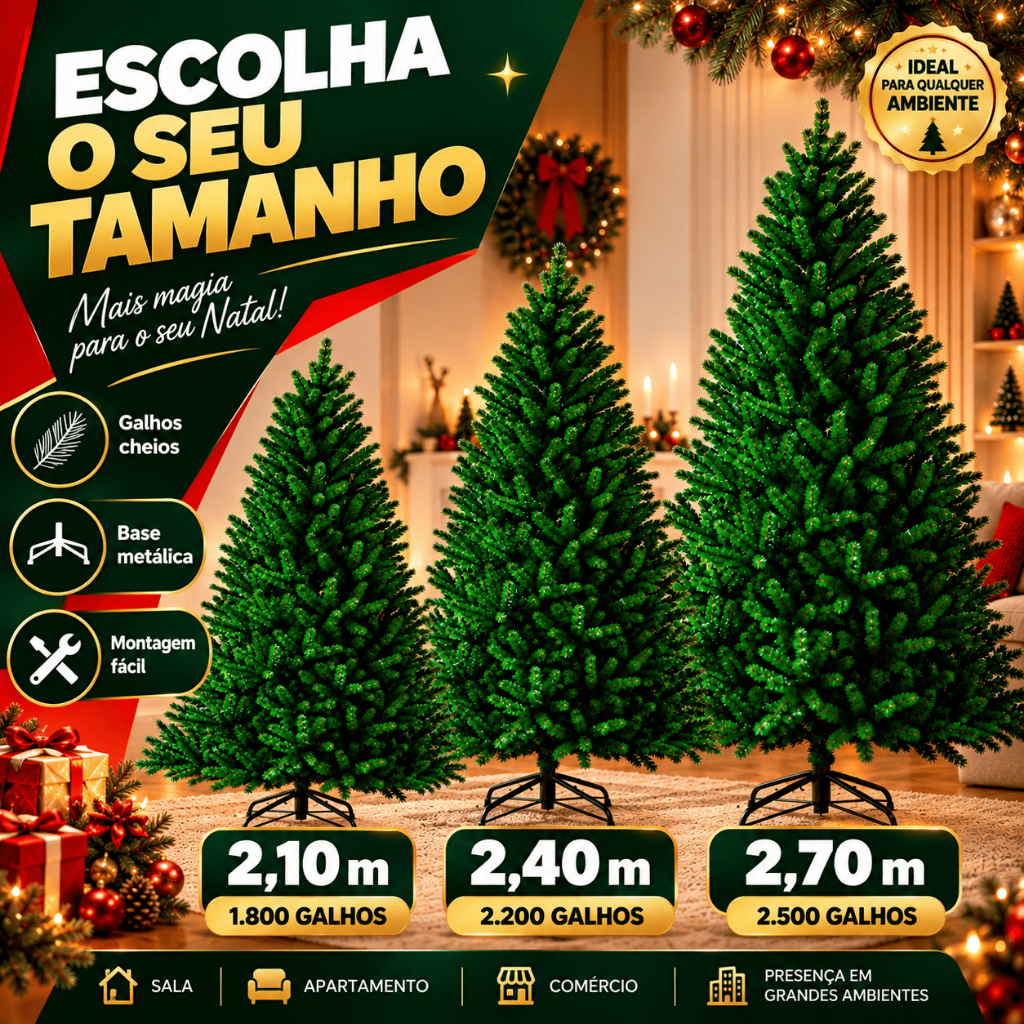 Árvore de Natal Cheia Volumosa 2,10 m, 2,40 m ou 2,70 m Pinheiro Tradicional