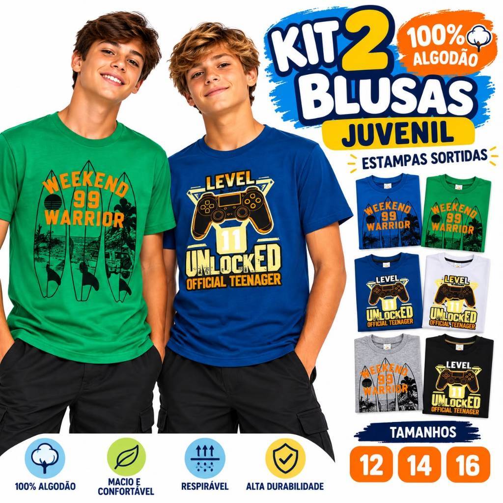 Kit 2 Camisetas Juvenil Masculina 100% Algodão Estampas Sortidas Tamanhos 12, 14 e 16