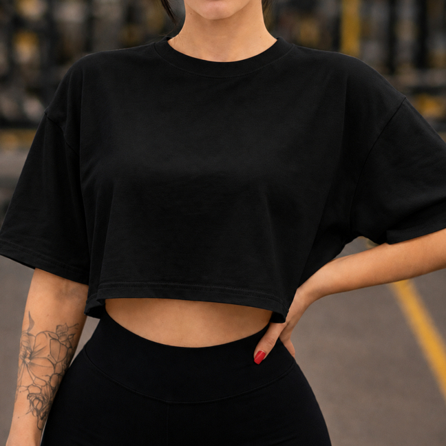 Cropped Feminino Oversized Liso Manga Curta Camiseta Básica Soltinha Casual Tendência