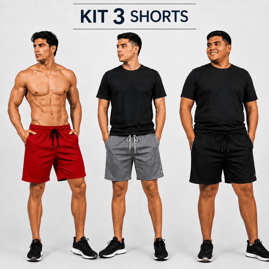 Kit 3 Shorts Masculino Dry Fit Academia Treino Esportivo com Bolso e Cordão