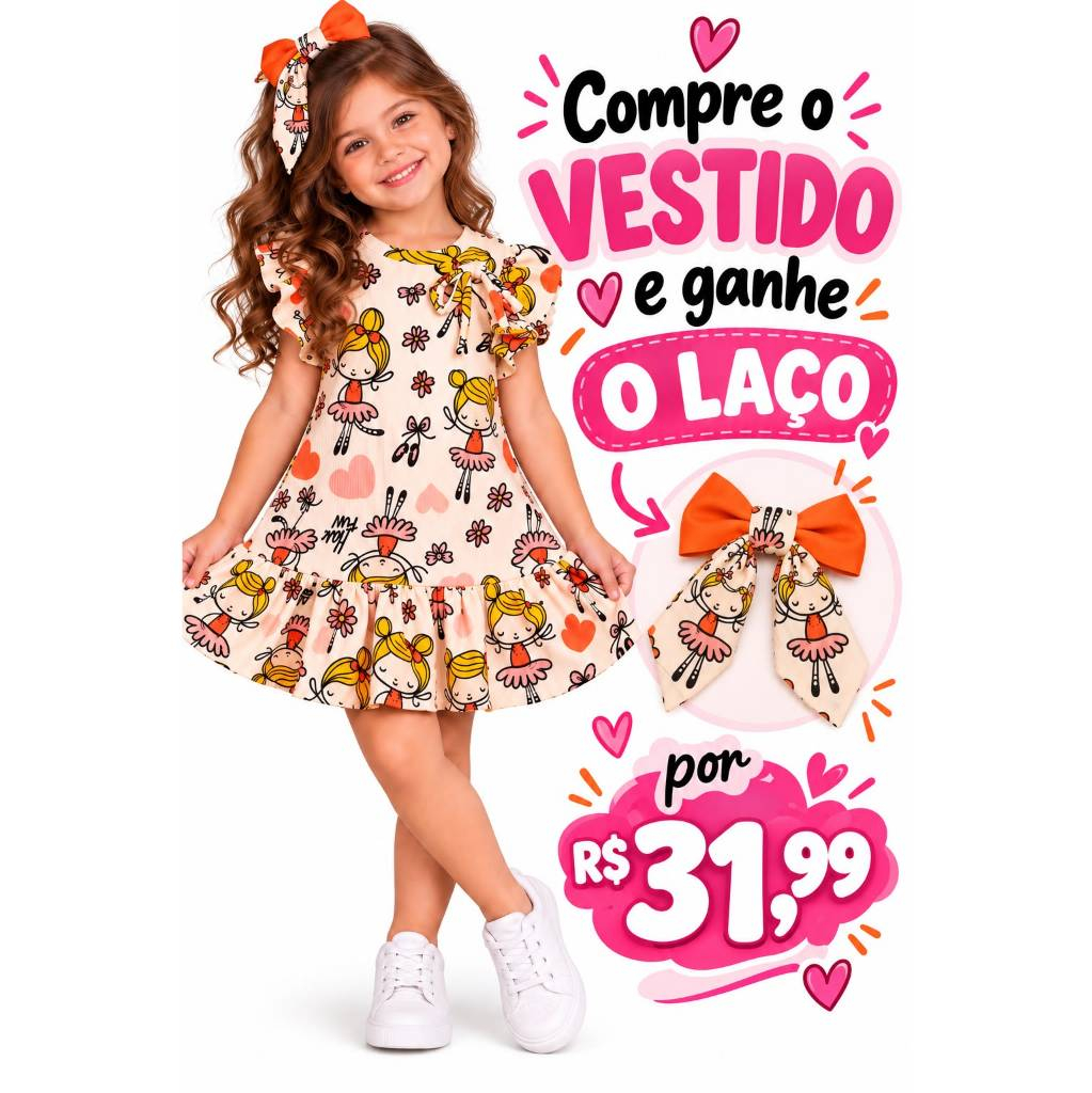 Vestido Infantil Princesa Babado Barrado Manga Casual Festa Verão Menina Premium Luxo Laço Floral Estampado Confortável