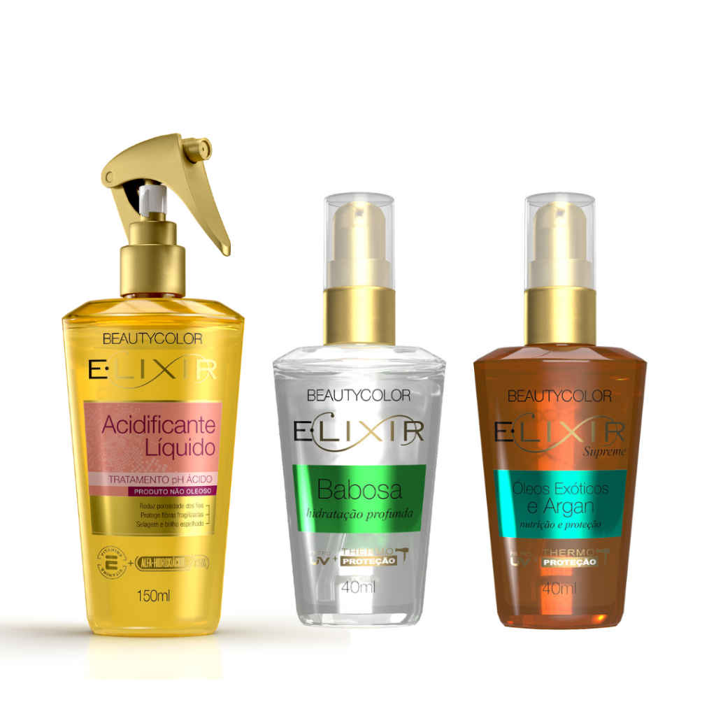 Imagem Kit Acidificante Líquido + E.lixir Babosa 40ml + E.lixir Óleos Exóticos e Argan 40ml