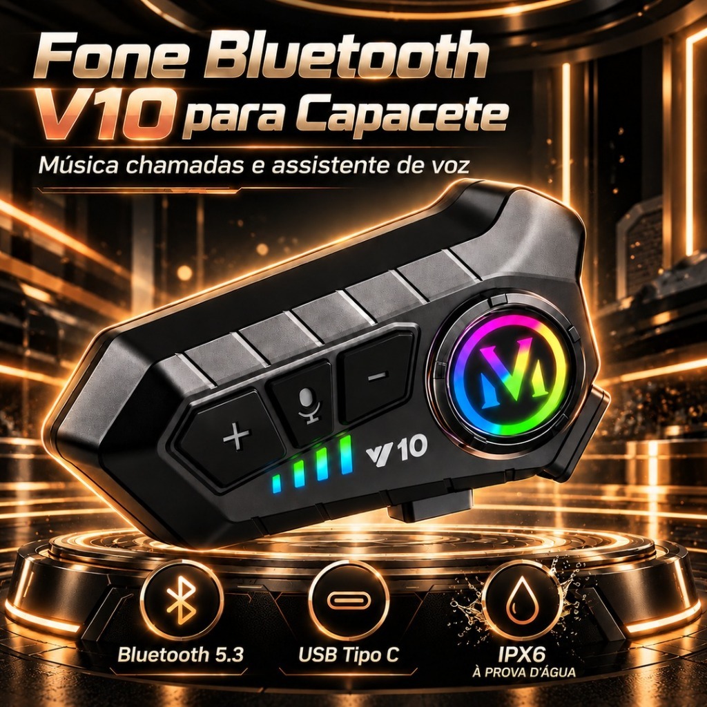 Fone Bluetooth V10 para Capacete de Moto RGB com Microfone