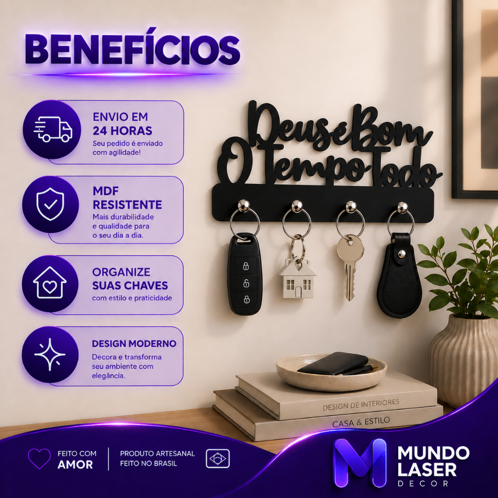 Porta Chaves Mdf Deus é Bom o Tempo Todo Parede Decoração Multiuso