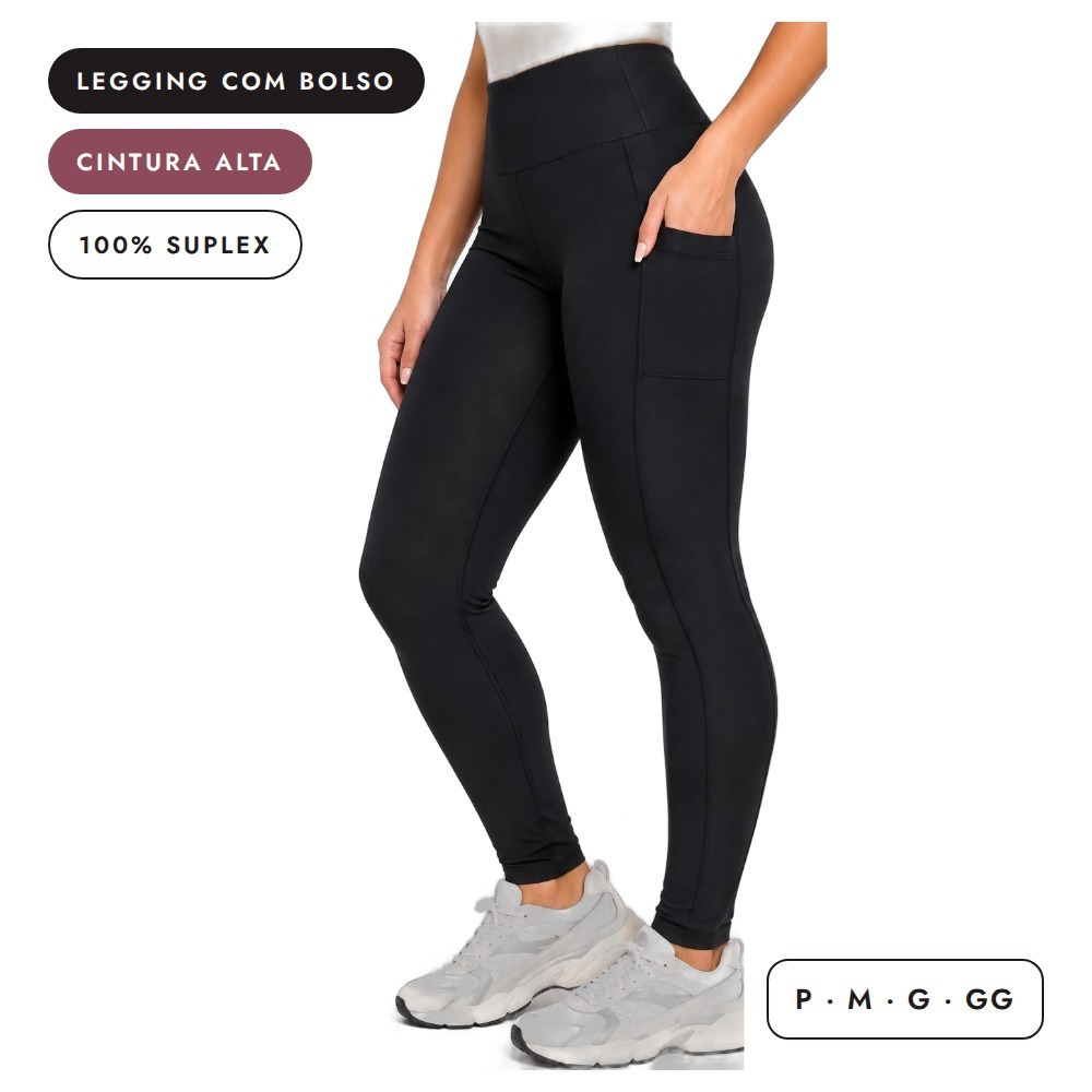 Legging Feminina Suplex Cintura Alta com Bolso Lateral Zero Transparência Academia Fitness