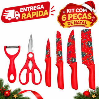 Kit Facas de Cozinha Natal 6 Peças Aço Inox Cutelo Faca Chef Faca de Pão Tesoura Descascador Vermelho